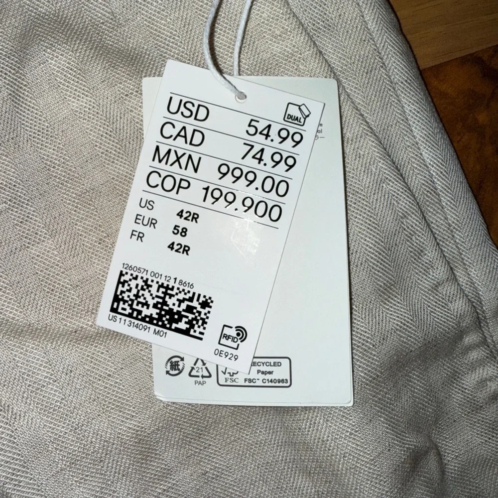 H&M Linen Blend Mens Dress Pants, Beige Straight Leg, Size‎ 42R, New vacation